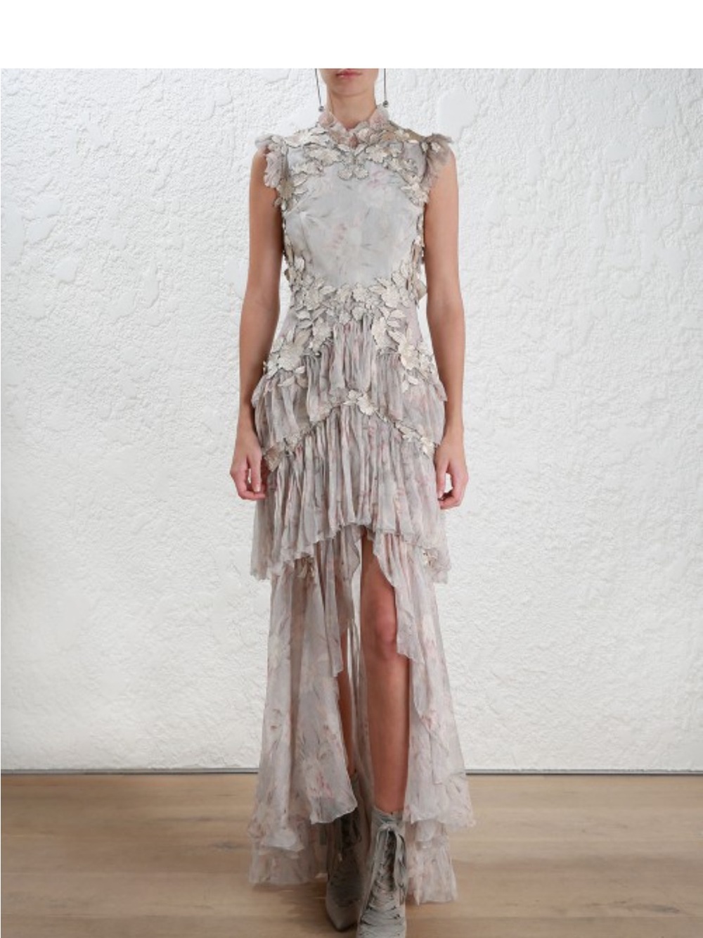 ISO Zimmermann Pale Taupe Floral Appliqué High-Low Dress